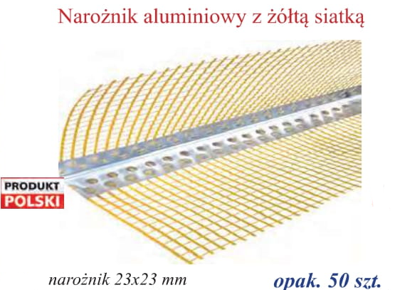 Narożnik aluminiowy z żółtą siatką narożnik 23×23 mm opak. 50 szt.
